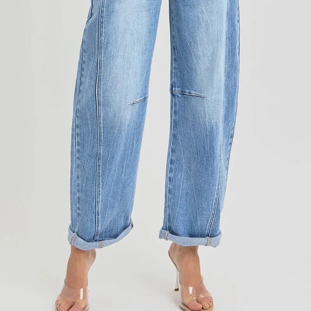 Risen Jeans RDP5901 High Rise‎ Barrel Medium Wash Adjustable Cuff Hem Size 30/11